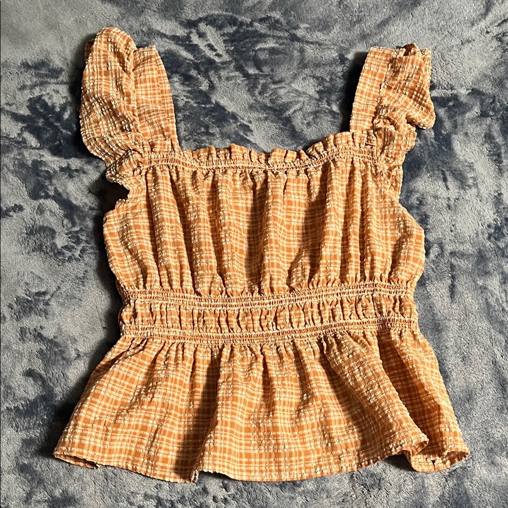 Mine Orange Plaid Ruffle Blouse